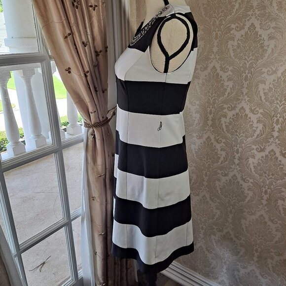INC Size Medium Black/White Striped Sleeveless Dress Embellished Neckline EUC - Picture 4 of 10